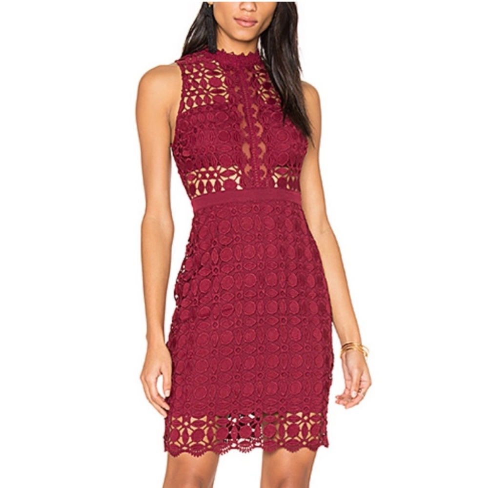 ASTR the Label | Vivian Red Lace Bodycon Size Medium Mock Neckline, Keyhole Back